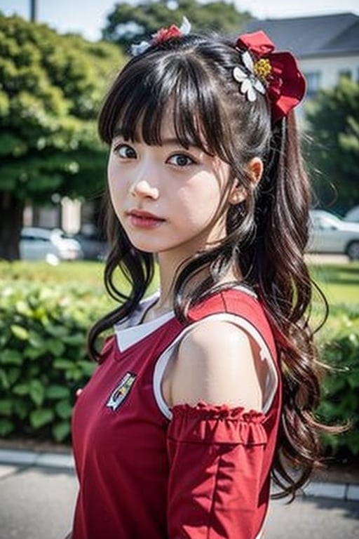 best quality, (photorealistic:1.2), 1girl, solo, detailed face, face focus, standing, black hair,(hair ornament:1.35),school uniform, ribbon-trimmed sleeves, detached sleeves, ribbon trim, wide sleeves, (looking at viewer:1.5) long hair, black eyes, bangs, lips, 