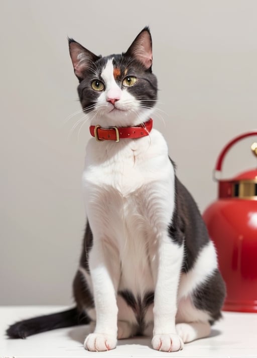 A calico cat with a red collar and bell, sitting on a white table. The cat is looking at the camera with a curious expression. The background is a plain white wall.