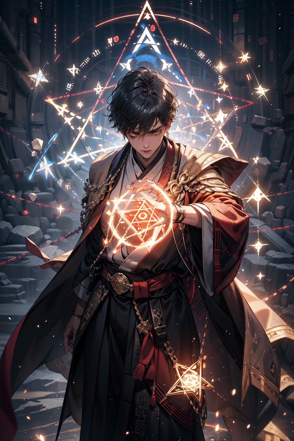 A young man dressed in ancient mage clothing, flame robe, handsome, gestures forming spells, martial arts and fairy-like vibe, carrying a hexagram magic array on his back, game character, surrounded by runes, magic patterns surrounding, best quality, masterpiece, cg, hdr, high definition, extremely detailed, detailed face, superhero, hero, detailed UHD, vfx, 3D rendering, 