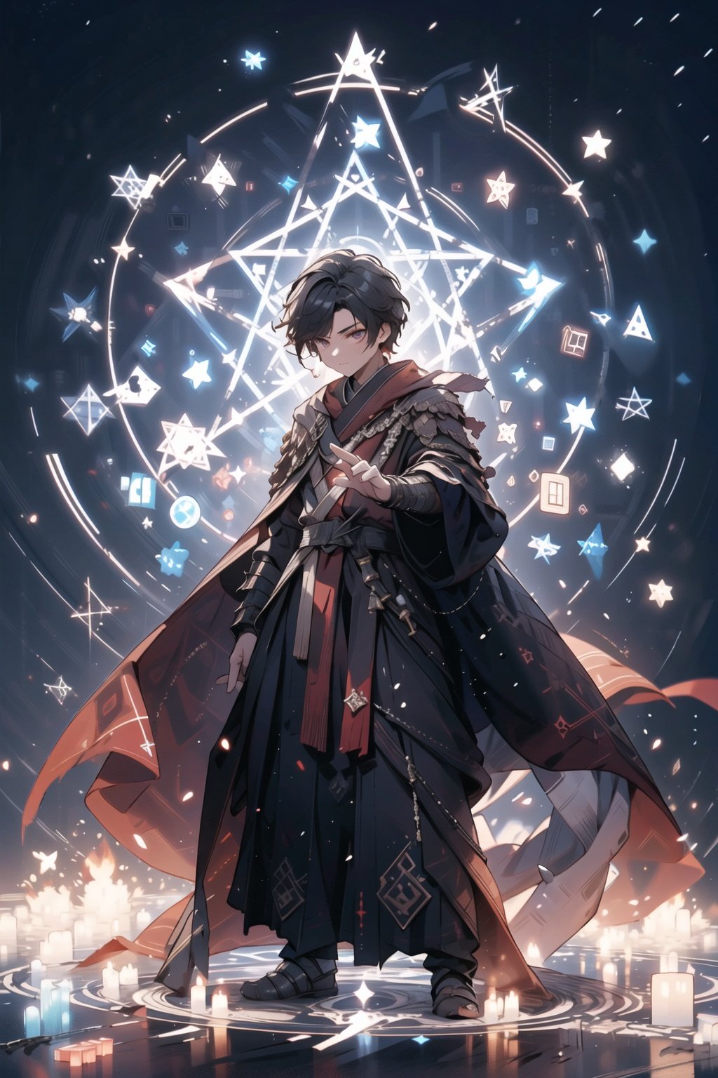 A young man dressed in ancient mage clothing, flame robe, handsome, gestures forming spells, martial arts and fairy-like vibe, carrying a hexagram magic array on his back, game character, surrounded by runes, magic patterns surrounding, best quality, masterpiece, cg, hdr, high definition, extremely detailed, detailed face, superhero, hero, detailed UHD, vfx, 3D rendering, 