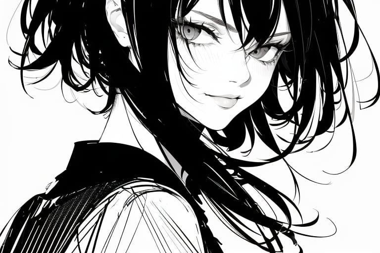 1girl,monochrome,sketch,greyscale,short black hair,smirk