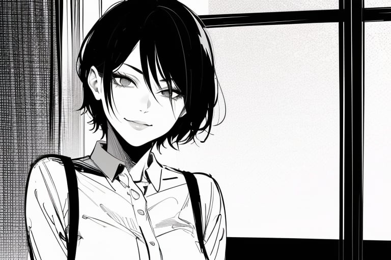 1girl,monochrome,sketch,greyscale, very short black hair,smirk,pixie cut