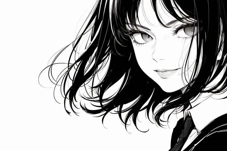 1girl,monochrome,sketch,greyscale,short black hair,smirk,pixie cut