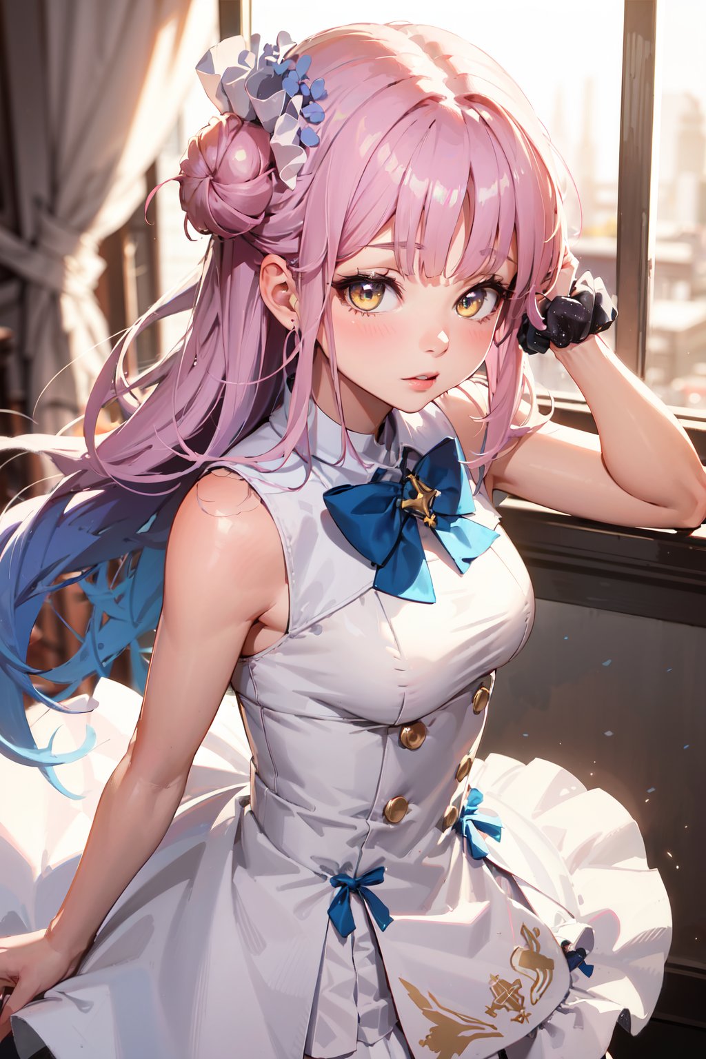 Masterpiece,  best quality,  1girl,  BAMika,  bangs, yellow eyes,  looking at viewer,  pink hair,  single hair bun,  white dress,  blue bowtie,  skirt,  pantyhose,  wrist scrunchie,  sleeveless,  upper body, <lora:EMS-41690-EMS:1.000000>