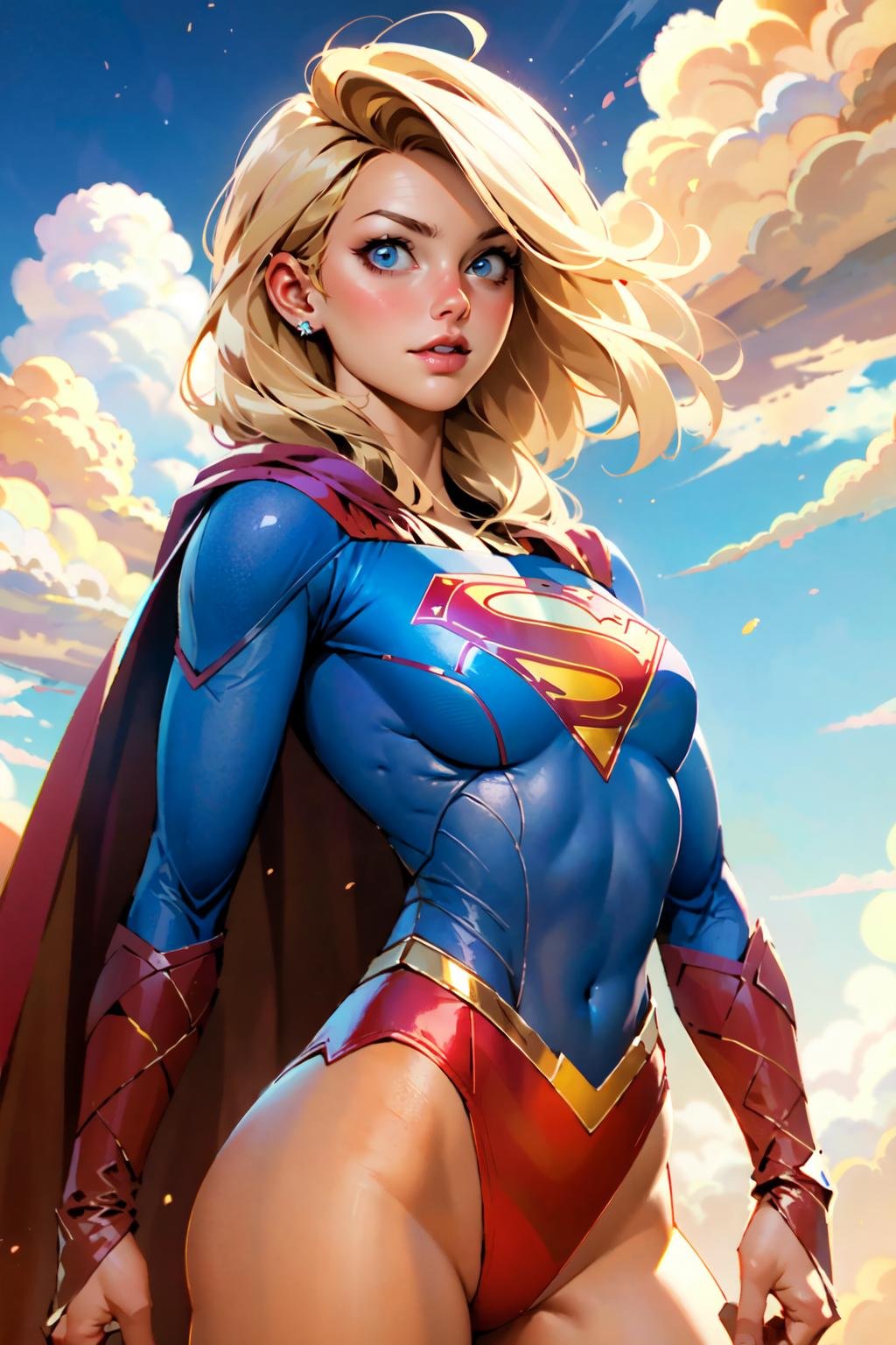 nijistyle, cowboy shot of supergirl, blonde hair, cape, particles, clouds, sky <lora:sxz-style-niji:1>