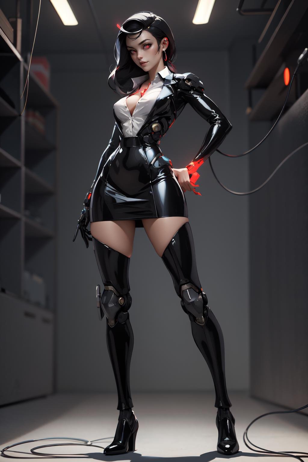 nijistyle, full body of cyborg office lady, white shirt, unbottoned, black latex skirt, metal skin, glowing red eyes, cables, wires, black hair <lora:sxz-style-niji:0.8>