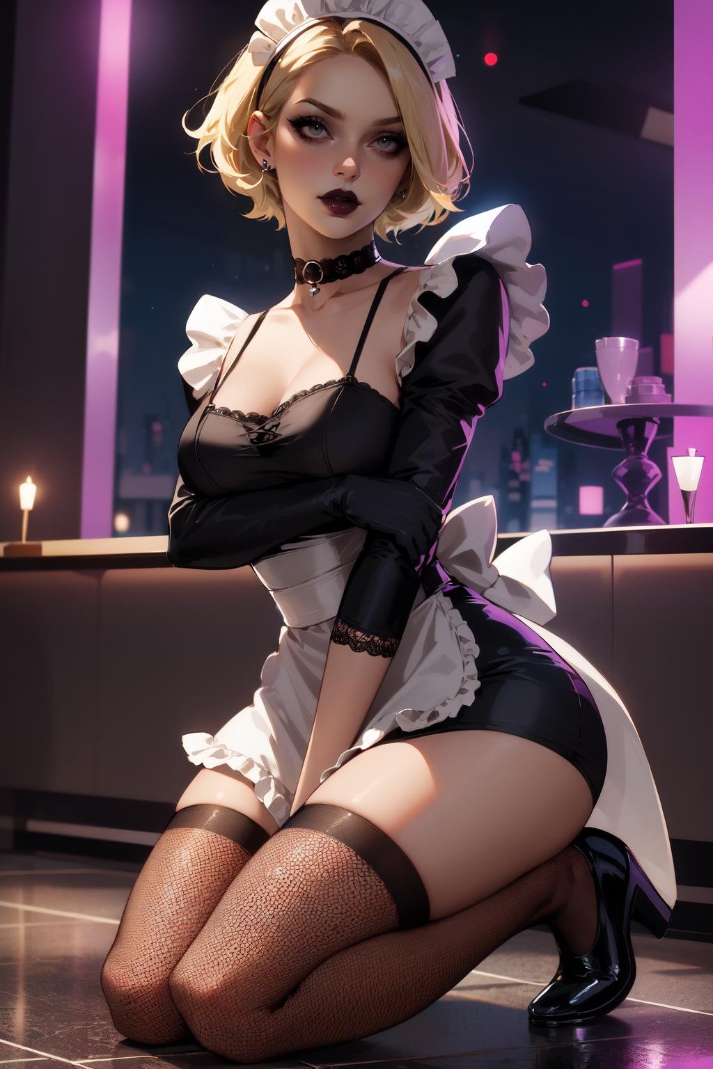 1girl, lady kneeling in maid apron, short blonde hair, choker, black makeup, fishnet thighhighs, parted lips, solo, night club indoors <lora:sxz-niji-v2:0.7>