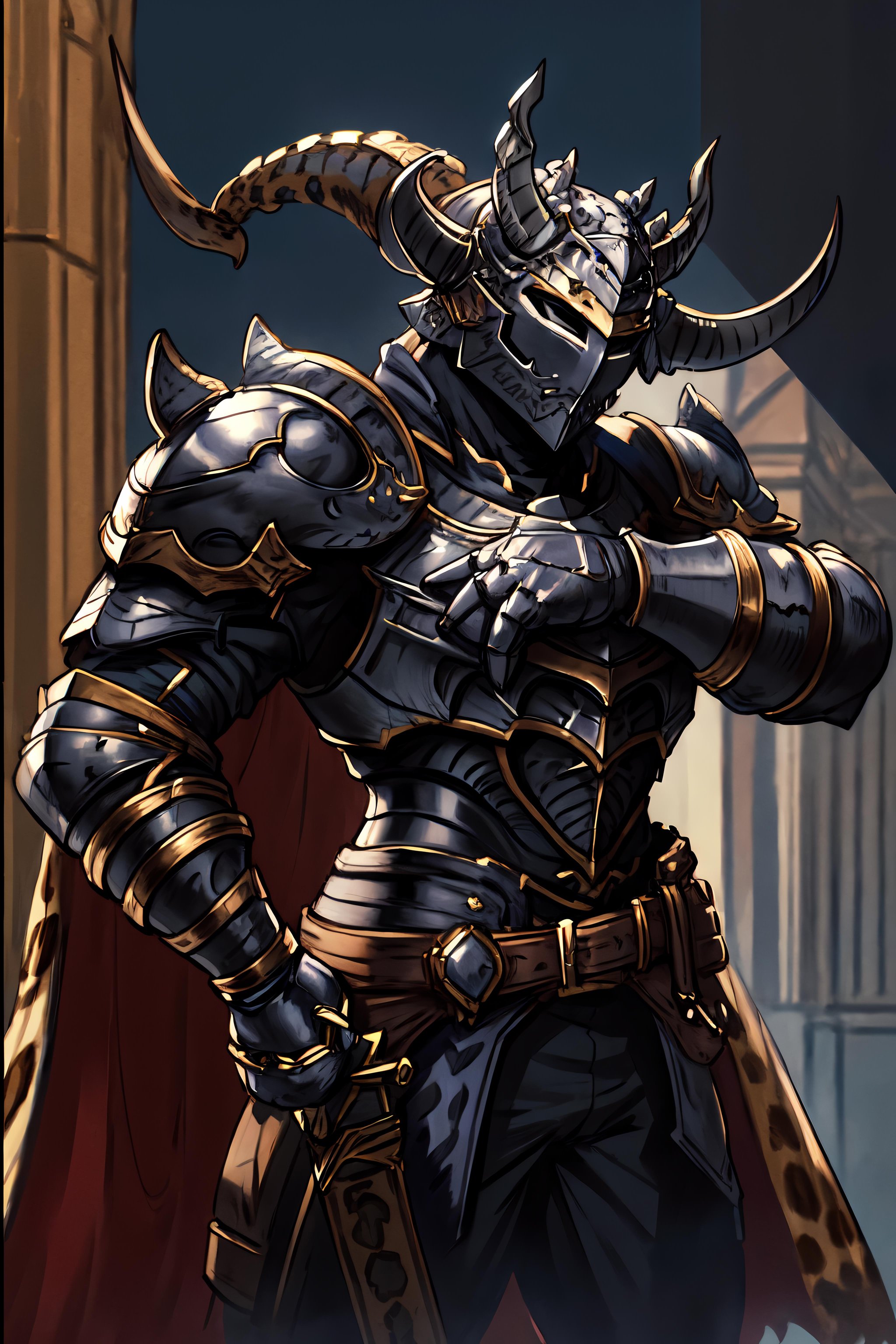 ((masterpiece)), (best quality), absurdres, <lora:HApollonia:0.7>, ARM1, (((helmet))), gauntlets, breastplate, plate armor, castle,  horned helmet,black knight \(granblue fantasy\), (((no eyes))), hand on hip, sword, holding sword, holding weapon, cape, leopard print, from side, fighting, fighting stance, in motion,