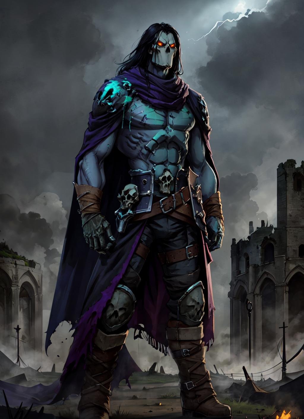 1boy, thedeath standing in dark, skulls, windblown cloak, boots, glowing scar, multiple belts, glowing eyes, muscular, medieval city ruins, volumetric lighting, best quality, masterpiece, realistic, <lora:sxz-the-death:0.8>