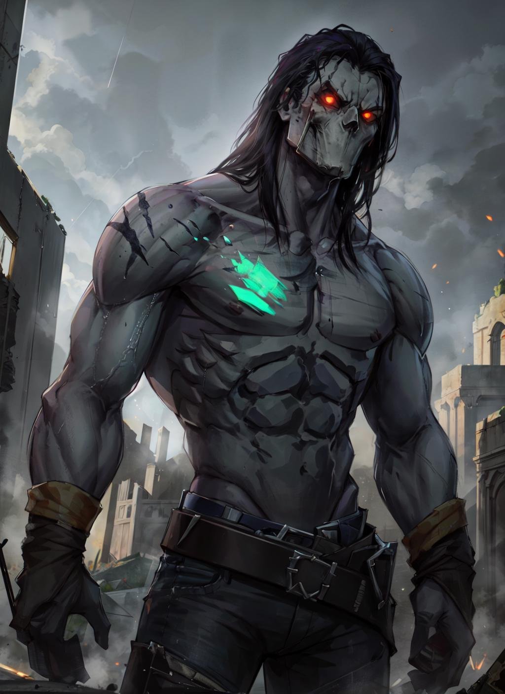 1boy, thedeath, topless, glowing scar, pants, belt,  glowing eyes, muscular, ruins, volumetric lighting, best quality, masterpiece, <lora:sxz-the-death:0.8>