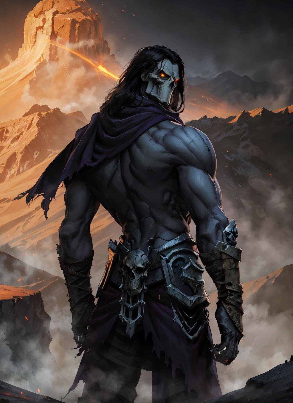 from behind, looking at viewer, 1boy, thedeath standing in dark, topless, windblown scarf, gauntlets, skull,  glowing eyes, muscular, mountain, molten rock, volumetric lighting, best quality, masterpiece, realistic, <lora:sxz-the-death:0.8>