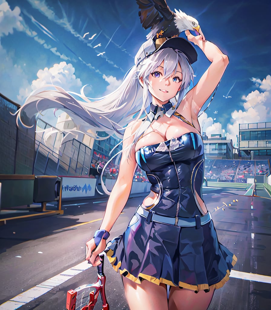 (((masterpiece, best quality, high resolution))), racing girl, 1 girl, eagle, cap, sky, flight deck, smile, city, cloud, breasts, day, alone, outdoors, looking at viewer, blue sky, very long hair, wind, big breasts, rig , wind lift, hold head with hand, pull skirt, stand, under bust, cloudy sky, tennis, Enterprise10:0.8