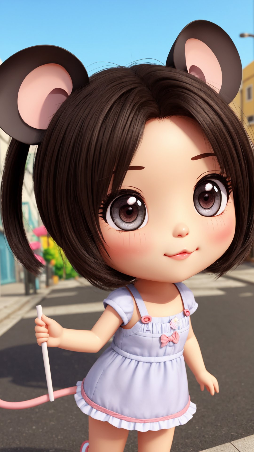 Close up,  cute cartoon,  chibi style,  3D,  mouse,  city street