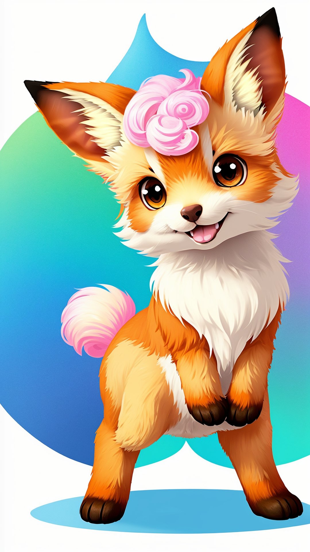 rainbow|multicolor cute little vulpix of cotton candy element,  (looking at viewer:1.3),  whole body,  front stand pose,  (2D cartoon concept art:1.2),  flat vibrant colors,  no cell-shade,  rainbow aluscive background,  cotton fantasy background,  POV,  front view:1.5