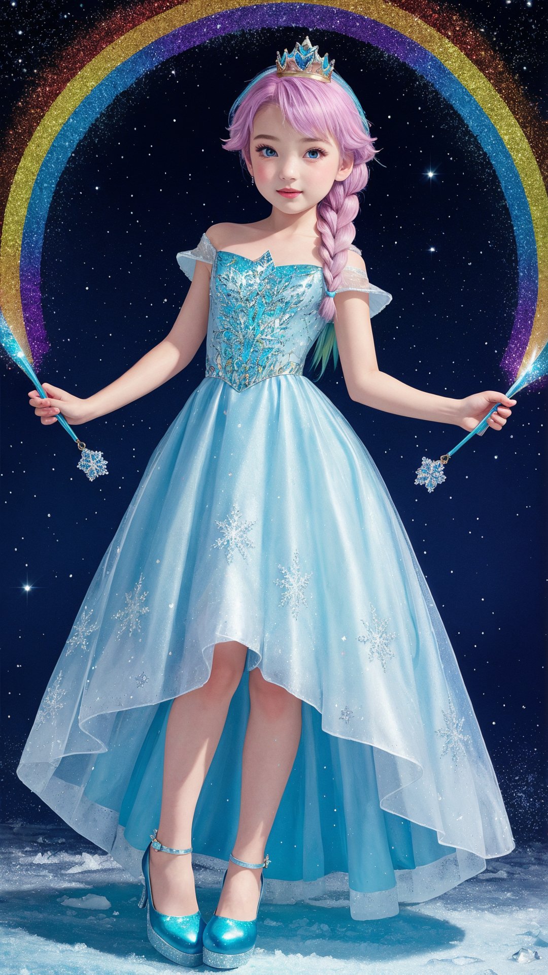 1girl,  Frozen princess,  blue dress,  rainbow hair and , long  hair,  glitter shoes