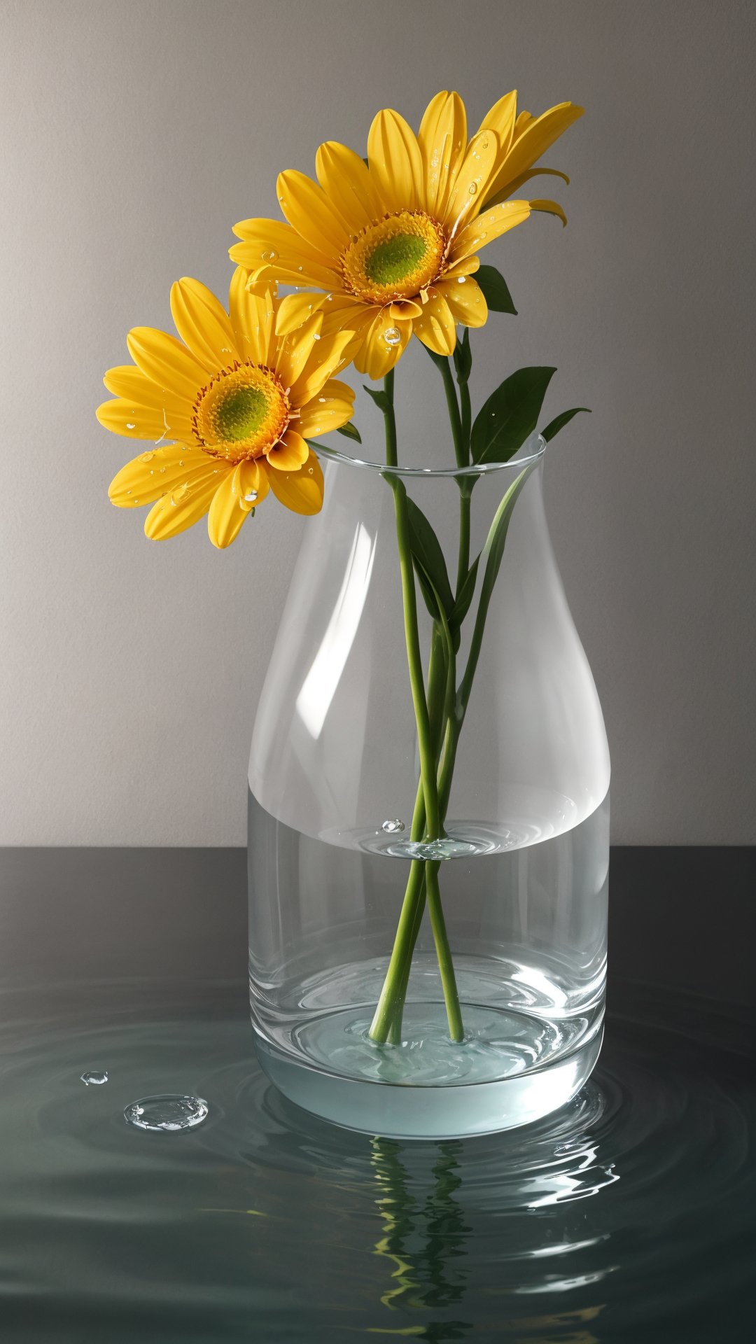 vase,flower,water,water droplet,simple background,(best quality,4k,8k,highres,masterpiece:1.2),ultra-detailed,(realistic,photorealistic,photo-realistic:1.37),medium:oil painting,still life,shiny surface,glass reflection,vibrant colors,vivid lighting,soft shadows,delicate and fine details,subtle brushstrokes,freshly cut flowers,natural and organic,translucent petals,water surface ripples,crystal-clear water,refracted light,wet glass effect,gentle water droplets,splashing water droplets,faint water splashes,gentle chiaroscuro,subtle depth of field,serene and peaceful atmosphere,quiet and calm space,white background, minimalist composition,centered vase,graceful curves,elongated shape of the vase,curved handle,floral arrangement,diverse types of flowers,different stages of blooming,varied colors and textures,contrast between smooth vase and intricate flowers,harmony between light and dark,meticulously lined water droplets,beads of water sliding down the vase,reflection of flowers in water surface.