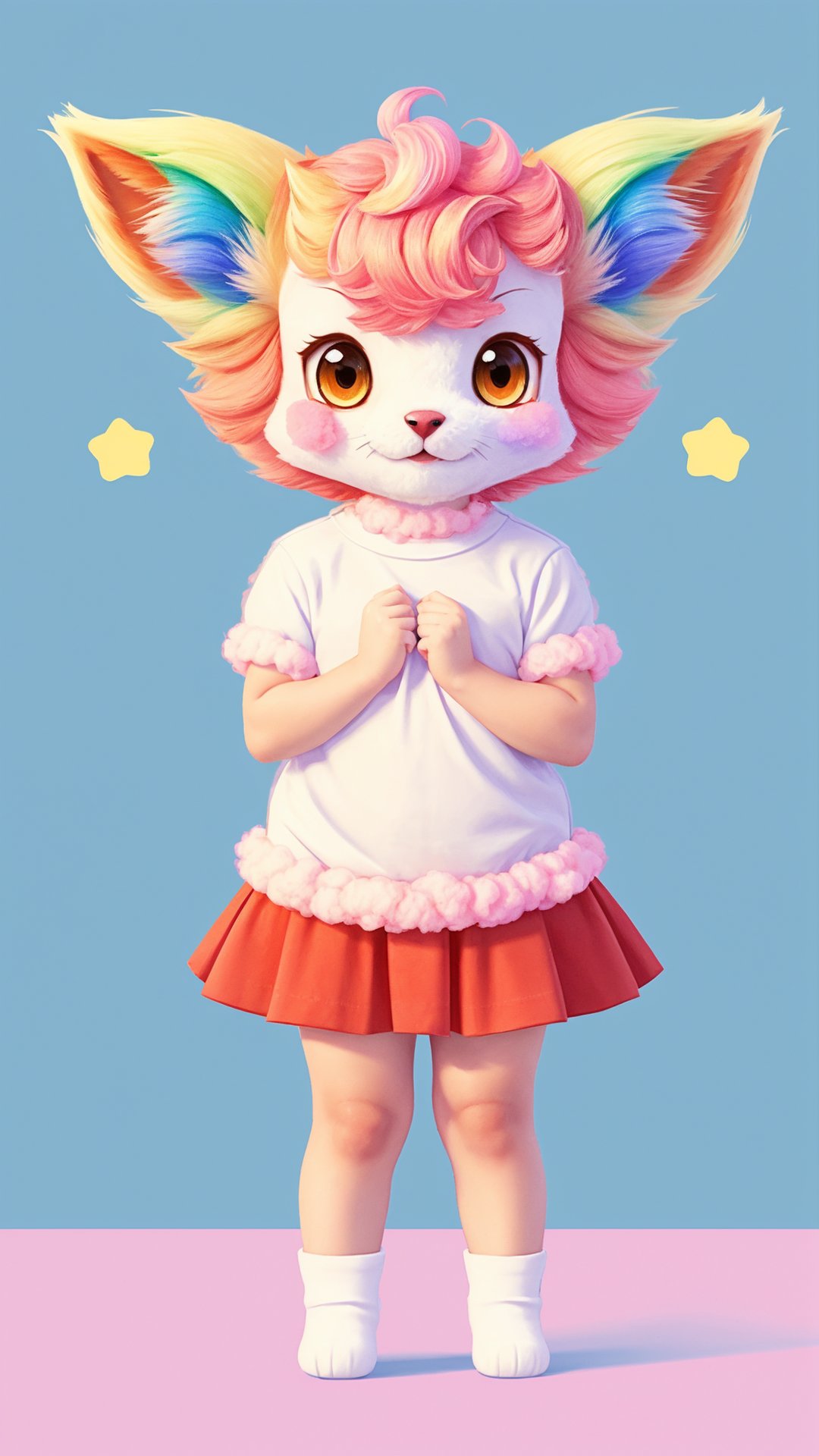 rainbow|multicolor cute little vulpix of cotton candy element,  (looking at viewer:1.3),  whole body,  front stand pose,  (2D cartoon concept art:1.2),  flat vibrant colors,  no cell-shade,  rainbow aluscive background,  cotton fantasy background,  POV,  front view:1.5
