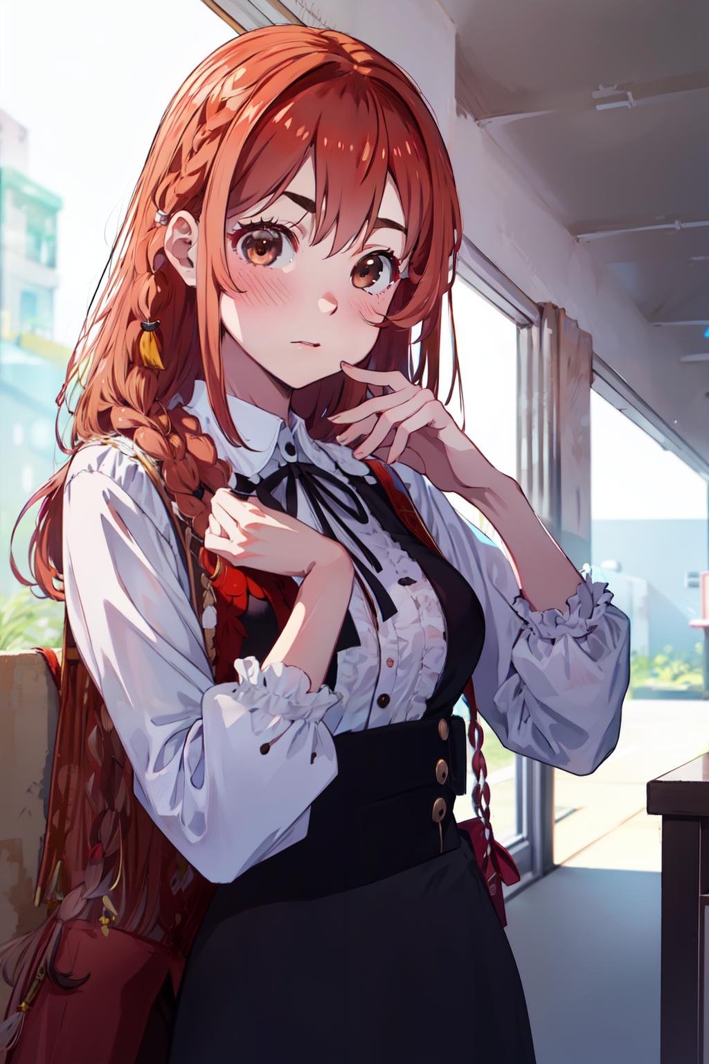 1girl, solo, <lora:Sakurasawa Sumi_V1-000003:1>, Sakurasawa Sumi, braid, brown eyes, light coral hair, medium hair, (masterpiece:1.2), highres, best quality, 8k, very clear,