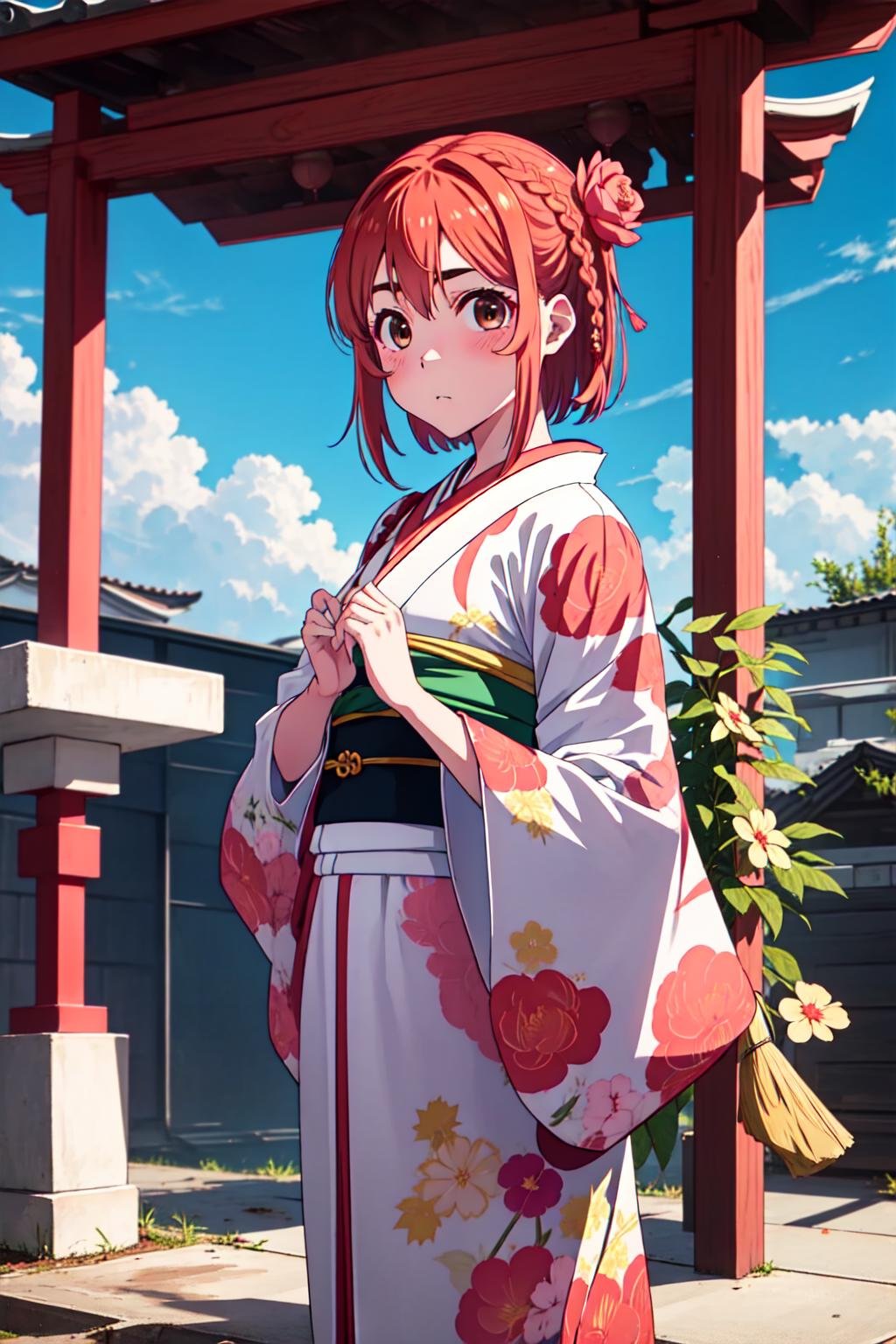 1girl, solo, <lora:Sakurasawa Sumi_V1-000003:1>, Sakurasawa Sumi, braid, brown eyes, light coral hair, medium hair, (kimono:1.2), cowboy shot|★\[牛仔射擊\], ,神社|(Shrine:1.3), (masterpiece:1.2), highres, best quality, 8k, very clear,