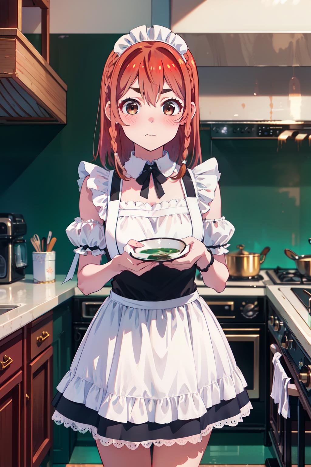 1girl, solo, <lora:Sakurasawa Sumi_V1-000003:1>, Sakurasawa Sumi, braid, brown eyes, light coral hair, medium hair, (maid dress:1.2), cowboy shot|★\[牛仔射擊\], kitchen|★\[﷿房\], shy, (masterpiece:1.2), highres, best quality, 8k, very clear,