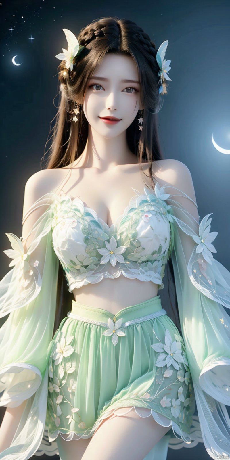  (Good structure),cowboy_shot,1girl, bare_shoulders, bug, butterfly, cleavage, cloud, crescent_moon, full_moon, hair_ornament, lips, long_hair, looking_at_viewer, medium_breasts, moon, moonlight, night, night_sky, red_lips, kneeling, sky, solo, star_\(sky\), starry_sky, sun,,,looking_at_viewer,kind smile, 1girl, , jiangli