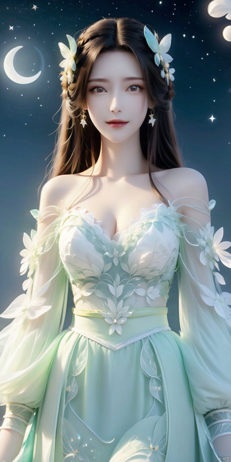  (Good structure),cowboy_shot,1girl, bare_shoulders, bug, butterfly, cleavage, cloud, crescent_moon, full_moon, hair_ornament, lips, long_hair, looking_at_viewer, medium_breasts, moon, moonlight, night, night_sky, red_lips, kneeling, sky, solo, star_\(sky\), starry_sky, sun,,,looking_at_viewer,kind smile, 1girl, , jiangli