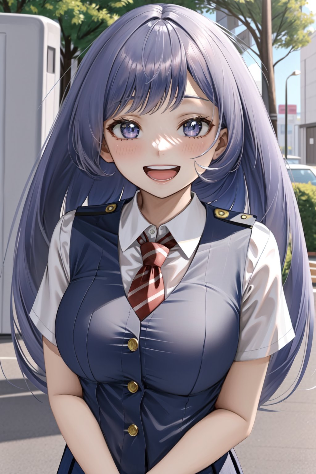 Nejire Hado,  1girl,  school_uniforec,  Periwinkle hair color,  white shirt,  school uniform,  outdoors,  intricate,  beautiful,  highly detailed,  artstation,  concept art,  smooth,  1girl,  smile,  open mouth,  looking at viewer,  red tie,  blush,  u.a. school uniform,  , CHICHIBUKURO, <lora:EMS-8718-EMS:0.800000>, , <lora:EMS-41803-EMS:0.800000>