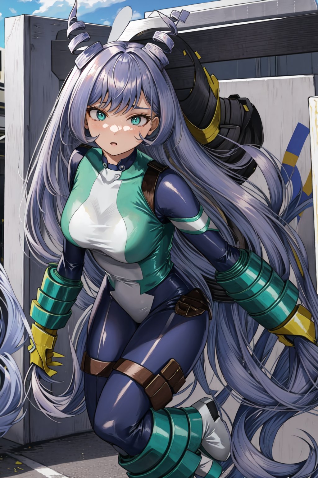 Nejire Hado,  Nejire's hero costume,  royal blue skin-tight bodysuit with a high black collar,  pale mint green markings covering her torso from over her shoulders to between her legs,  framed with turquoise,  a matching stripe of the same two colors around both of her upper arms,  On her feet,  she wears a pair of knee-high boots,  a thinning flap buttoned on each thighs,  with turquoise spirals around her ankles,  matching the thicker ones above her yellow gauntlets and wrist-guards,  She has a black strap around the top of each thigh,  two small satchels attached,  and two spiraling horns of hair protruding from behind her ears that are shaped as a reference to her Quirk,  outdoor,  buildings, <lora:EMS-179-EMS:0.400000>, , <lora:EMS-8738-EMS:0.200000>, , <lora:EMS-41803-EMS:0.900000>, , <lora:EMS-8718-EMS:0.900000>