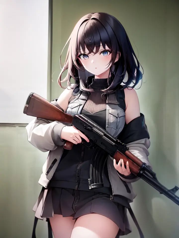 masterpiece, best quality, high resolution, <lora:ak47_7:0.95>, 1girl, solo, black_hair, blue_eyes, jacket, holding gun, ak-47, akm, assault rifle, kalashnikov rifle, trigger_discipline, low-ready