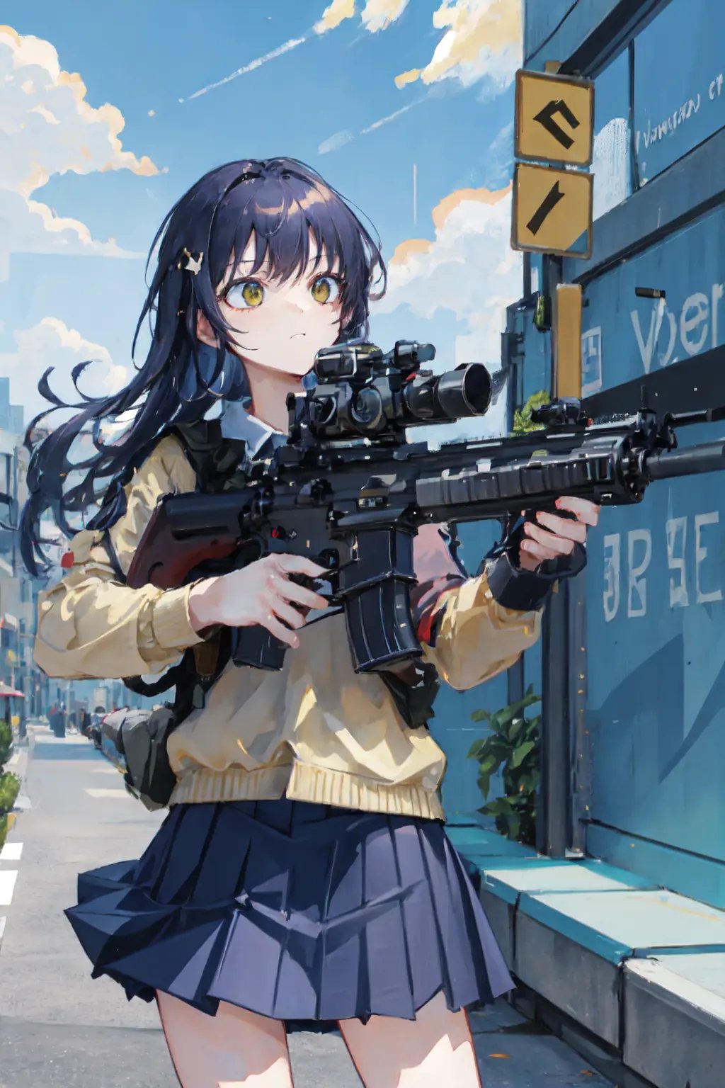 masterpiece,best quality, lens flare, depth of field, (close-up:1.3), (wide shot, fisheye:0.85), facefocus,1girl ,standing, blue long hair, school uniform,pleated skirt, (holding weapon, holding rifle,aiming,aim:1.2),gun, h&k hk416, carbine, open fire, firing,sunny,blue sky,cloudy sky,city,street,road sign, skyscraper, <lora:HK416-v2:0.7>