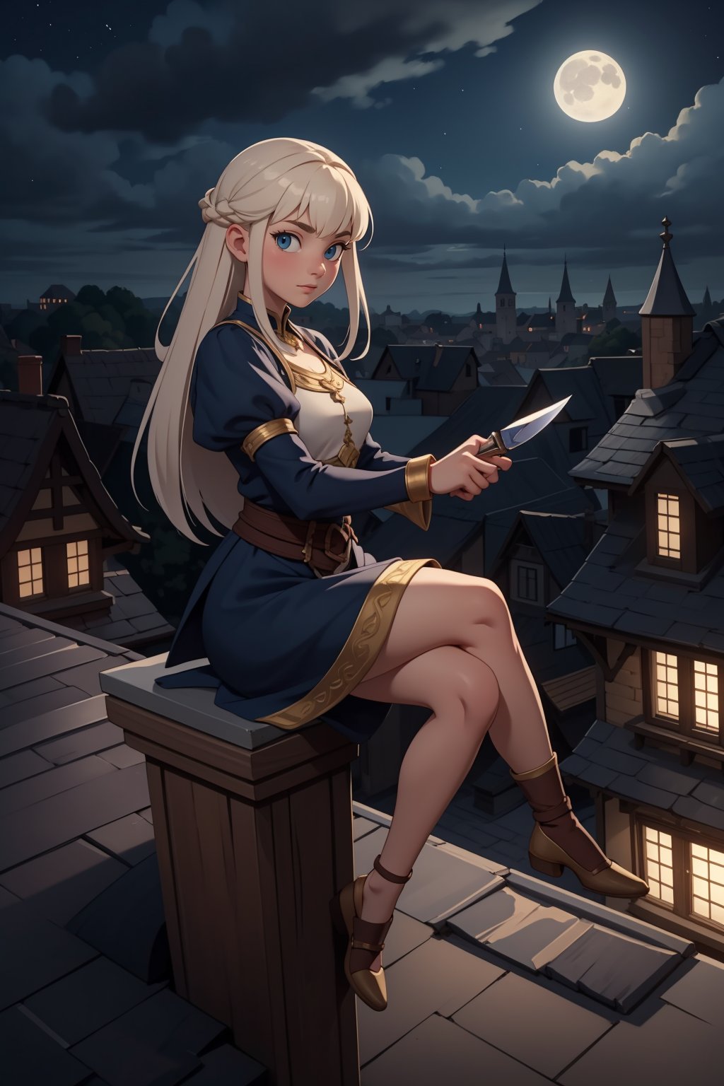 (masterpiece, best quality:1.2), A cunning and mysterious girl in a moonlit medieval town, perched on a rooftop with a dagger in hand.