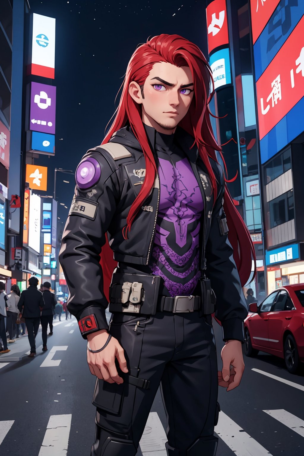 (masterpiece, best quality:1.2), 1boy, cyberpunk, red long  hair,  purple eyes, intricate clothes, cowboy_shot, lookign at viewer, nightsky, futuristic, Shibuya.