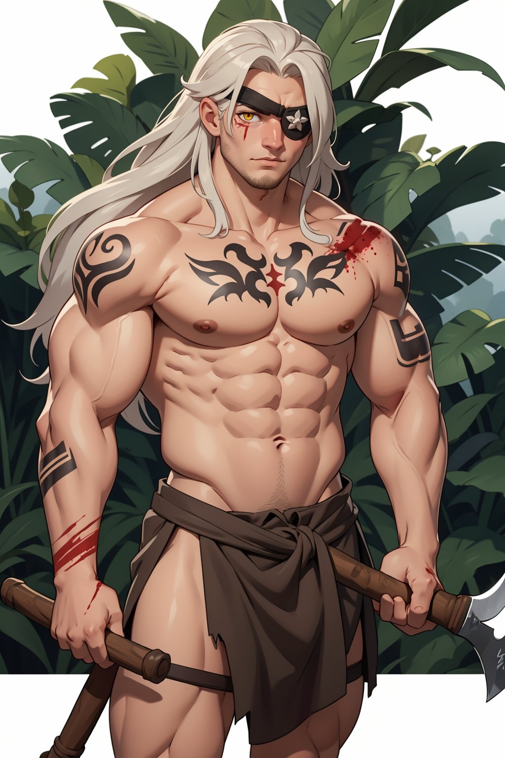 (masterpiece, best quality:1.2), a barbarian, silver long hair, topless, BREAK, yellow eyes, agressive, (blood1.2)  holding axe, muscular, eye patch, tribal tattoo, jungle, beautiful background, extremely detailed.