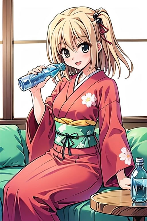 (Best Picture Quality, High Quality, Best Picture Score: 1.3), ((Sharp Picture Quality)), Perfect Beauty Score: 1.5, , Blonde Hair, (Japanese Clothes), One Person, (Cute Outfit), Red Hairpiece, Beautiful Girl, Cute, (Drinking Ramune from a Bottle), Fashionable Coffee Shop, Great Smile,. 