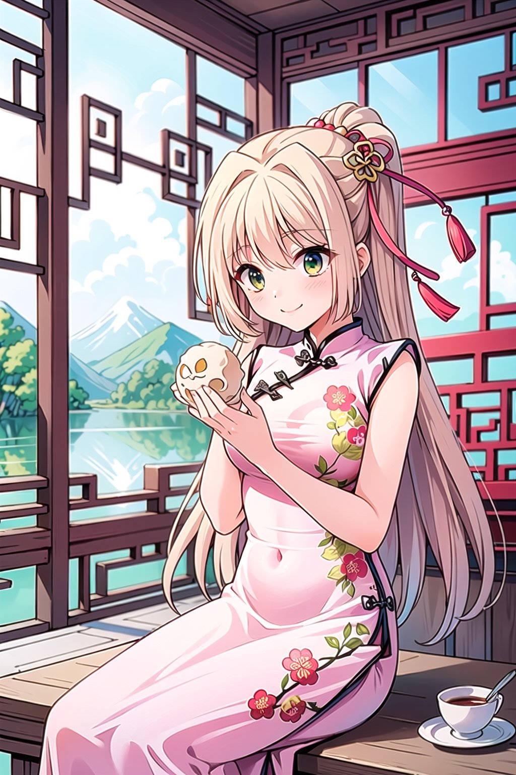   (Masterpiece, Best Quality, High Quality Score: 1.3), (Sharp Picture Quality), Perfect Beauty: 1.5,long hair ,blond hair, (Chinese Clothes), (light pink chinese dress), red hair ornament, beautiful girl, cute, best smile, very beautiful scenery, (most fantastic scenery), (Chinese garden), Eating dumplings.