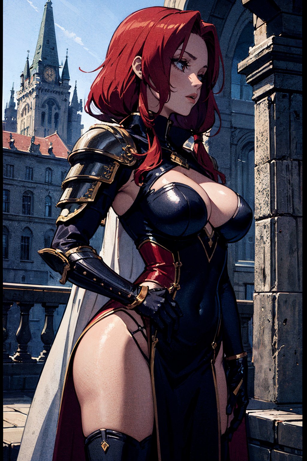 (masterpiece, best quality:1.2), (flat anime style) a woman, mature woman, sexy armor, large breasts, red hair, castle groudns, extremely detailed.