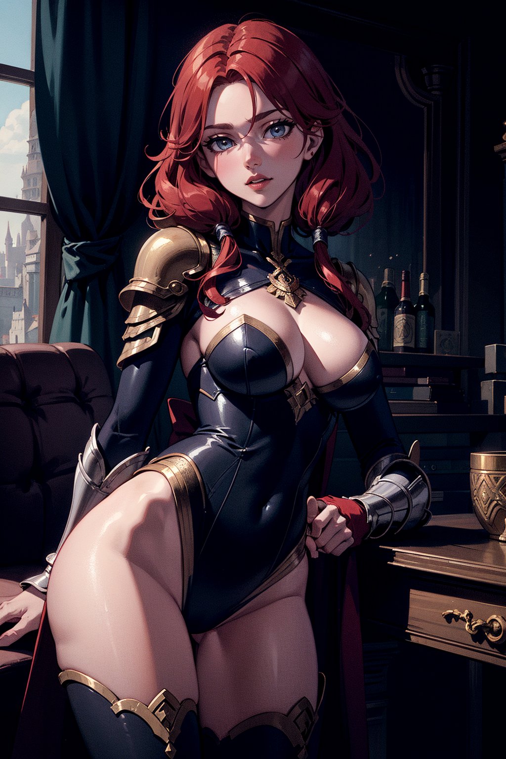 (masterpiece, best quality:1.2), (flat anime style) a woman, mature woman, sexy armor, large breasts, red hair, castle groudns, extremely detailed.