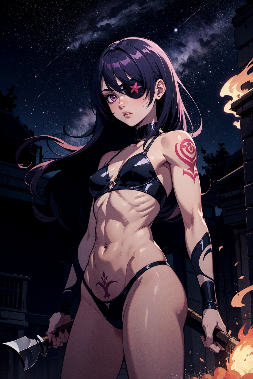 (masterpiece, best quality:1.2), (flat anime style), a woman, mature woman, casting fire mgic, temple, nightsky, magic circle, purple long hair,  BREAK, pink eyes, agressive, holding axe, muscular, eye patch, shiny tattoos, beautiful background, extremely detailed.