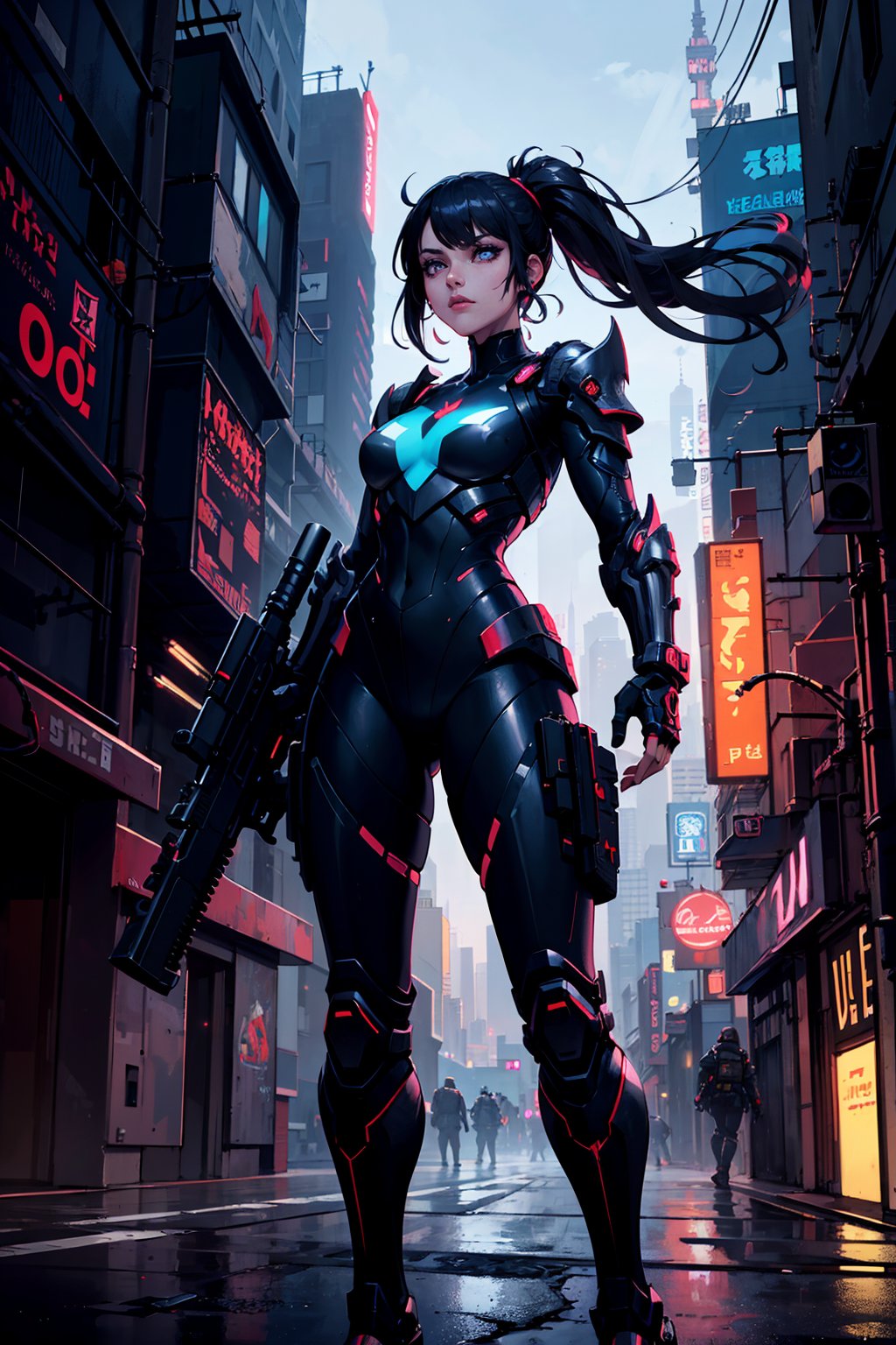 (masterpiece, best quality:1.2), A futuristic cyberpunk cityscape with a girl in high-tech armor, armed with energy weapons, navigating the neon-lit streets.