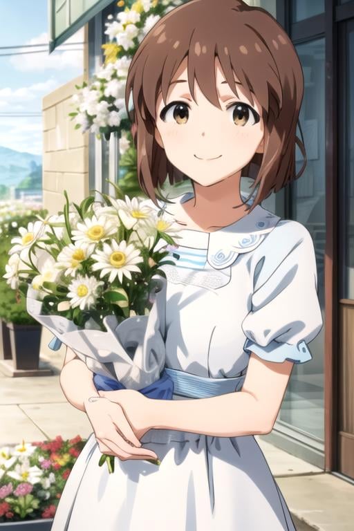 (((pixel-perfect, detail-perfect))), solo, 1girl, <lora:yukiho-idolmaster:0.8>, yukiho hagiwara, dress, short sleeves, bouquet, looking at viewer, smile