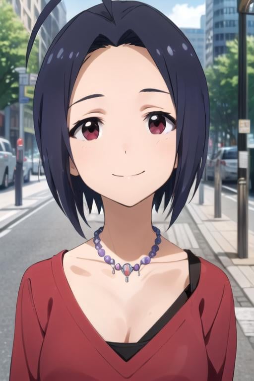 (((pixel-perfect, detail-perfect))), solo, 1girl, <lora:azusa-idolmaster:0.8>, azusa miura, red shirt, collarbone, necklace, looking at viewer, smile