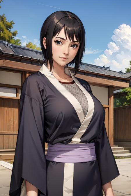 masterpiece, best quality, shizune, black kimono, upper body, looking at viewer, slight smile, large breasts, japanese architecture, outdoors, sky <lora:shizune-nvwls-v1-000010:1>