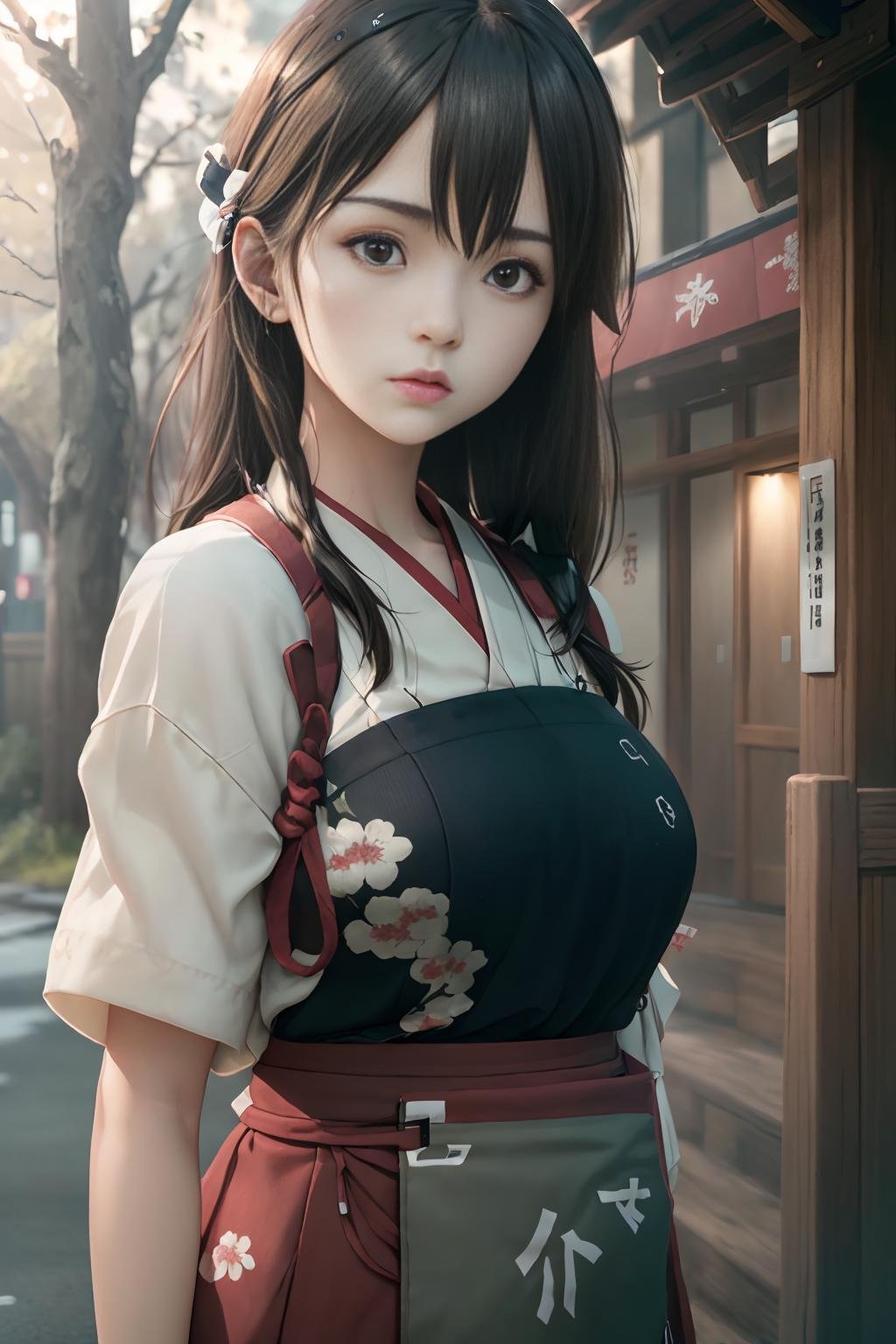 iks_akagi, 1girl, solo, beautiful girl, masterpiece, (photorealistic:1.4), best quality, beautiful lighting, outdoors, realistic, (extremely detailed CG unity 8k wallpaper), intricate, High Detail, Sharp focus, dramatic, RAW photo, 8k uhd, film grain,n<lora:AkagiKancolle_V10:0.8>japanese_clothes, muneate, upper body,