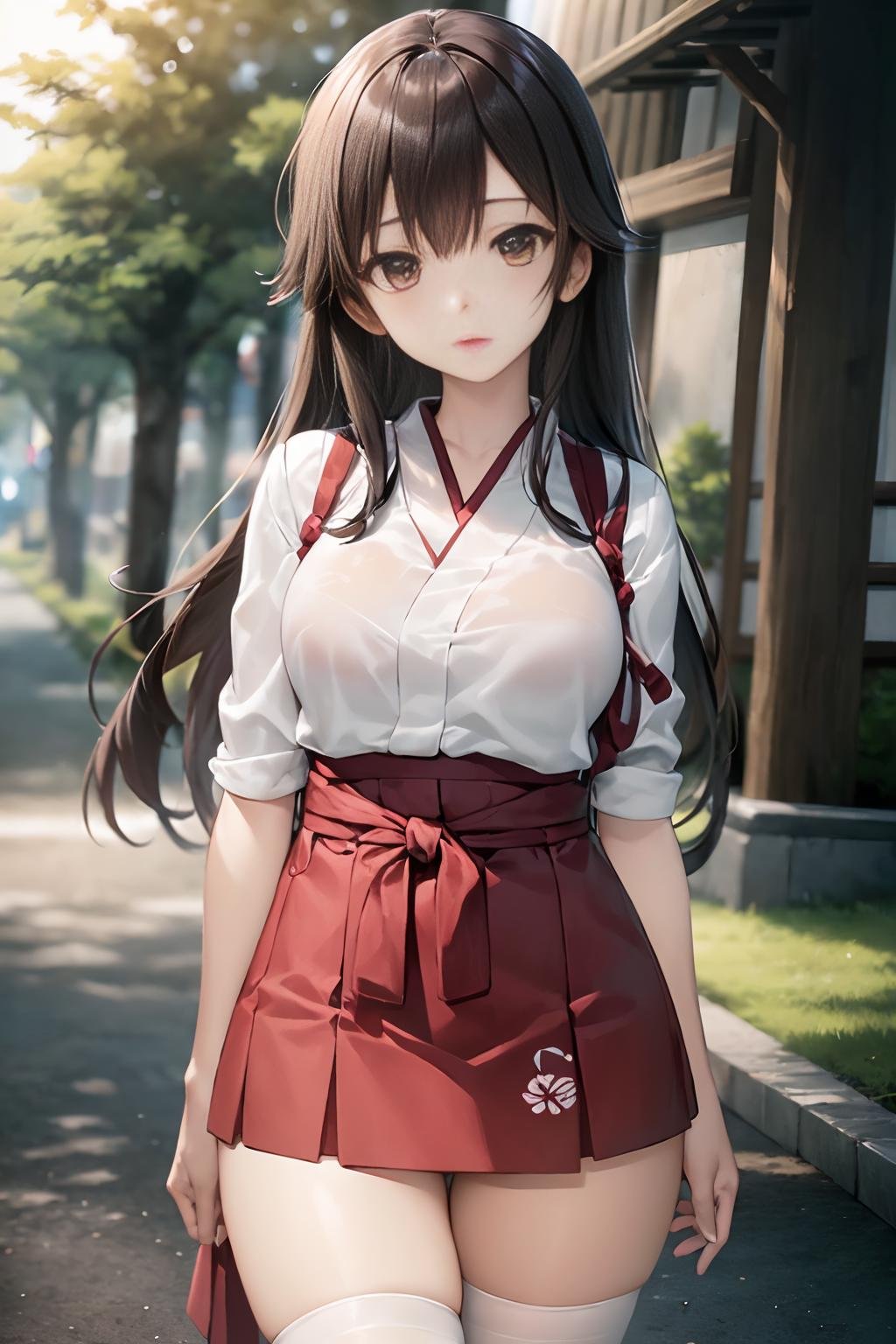 iks_akagi, 1girl, muneate, japanese_clothes, red_hakama, tasuki, thighhighs, white_legwear,solo, beautiful girl, masterpiece, (photorealistic:1.4), best quality, beautiful lighting, outdoors, realistic, (extremely detailed CG unity 8k wallpaper), intricate, High Detail, Sharp focus, dramatic, RAW photo, 8k uhd, film grain,<lora:AkagiKancolle_V10:0.8>,