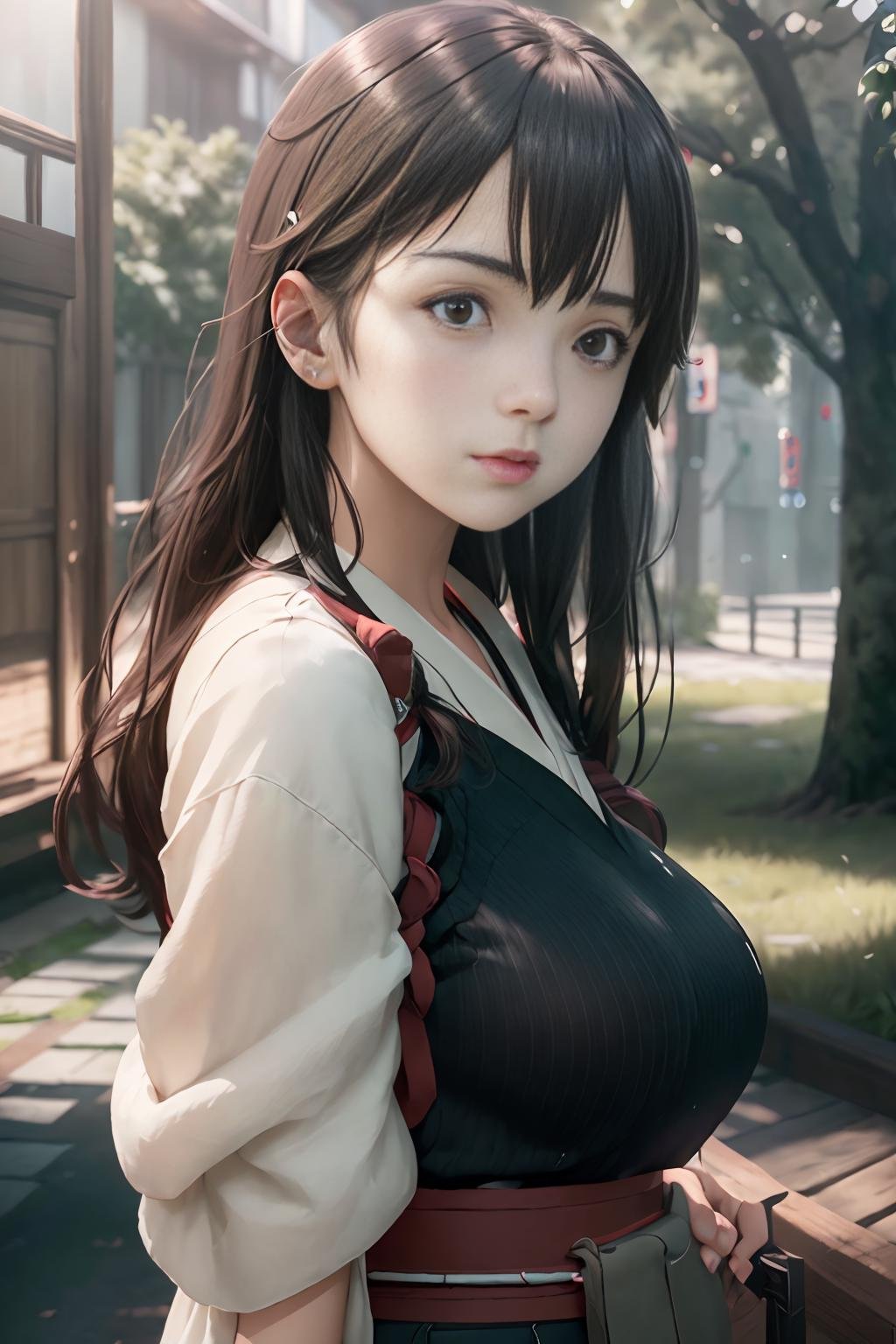 iks_akagi, 1girl, solo, beautiful girl, masterpiece, (photorealistic:1.4), best quality, beautiful lighting, outdoors, realistic, (extremely detailed CG unity 8k wallpaper), intricate, High Detail, Sharp focus, dramatic, RAW photo, 8k uhd, film grain,n<lora:AkagiKancolle_V10:0.8>