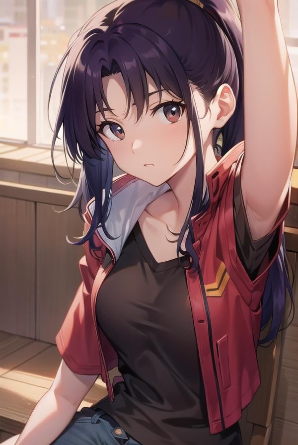 misatokatsuragi, <lora:misatokatsuragitest:1>,misato katsuragi, long hair, (brown eyes:1.5), blue hair, purple hair, ponytail,BREAK shirt, jacket, short sleeves, shorts, short shorts, bare legs, denim, denim shorts, yellow shirt,BREAK looking at viewer,BREAK indoors,BREAK <lora:GoodHands-vanilla:1>, (masterpiece:1.2), best quality, high resolution, unity 8k wallpaper, (illustration:0.8), (beautiful detailed eyes:1.6), extremely detailed face, perfect lighting, extremely detailed CG, (perfect hands, perfect anatomy),