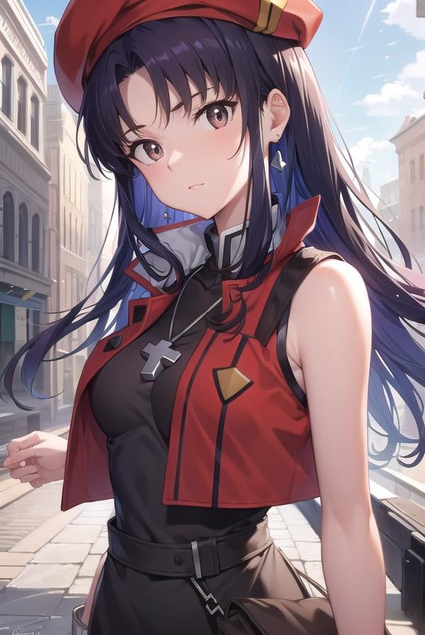 misatokatsuragi, <lora:misatokatsuragitest:1>,misato katsuragi, long hair, (brown eyes:1.5), blue hair, purple hair,BREAK hat, dress, bare shoulders, jewelry, jacket, earrings, open clothes, sleeveless, necklace, black dress, open jacket, sleeveless dress, beret, short dress, cross, red headwear, red jacket, cross necklace,BREAK looking at viewer,BREAK outdoors, city,BREAK <lora:GoodHands-vanilla:1>, (masterpiece:1.2), best quality, high resolution, unity 8k wallpaper, (illustration:0.8), (beautiful detailed eyes:1.6), extremely detailed face, perfect lighting, extremely detailed CG, (perfect hands, perfect anatomy),