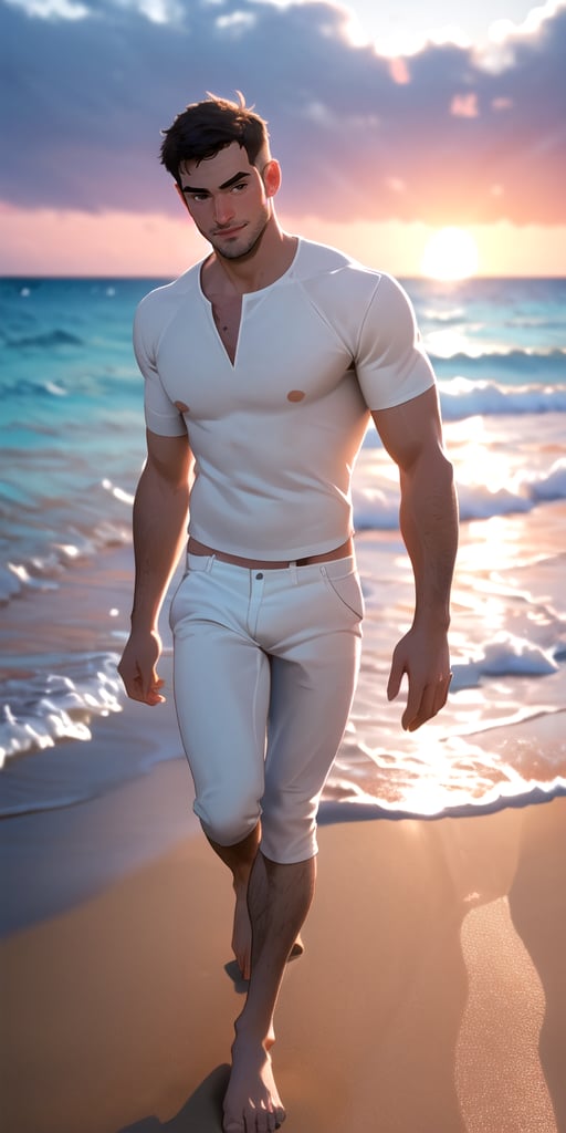 (best quality, high quality):1.4, photo of a handsome very short male hair  hunk walking at the beach,  22 year old, healthy, jovial, heroic, very thick crooked nose, small pale thin male lips, very long cleft chin, tall, 3d,  ultra short buzzed hair, very masculine realistic walking movement, masculine male clothes only, tropical beach, sunset, , very well drawn symmetric face, absurdres, ,sks person,blurry_light_background