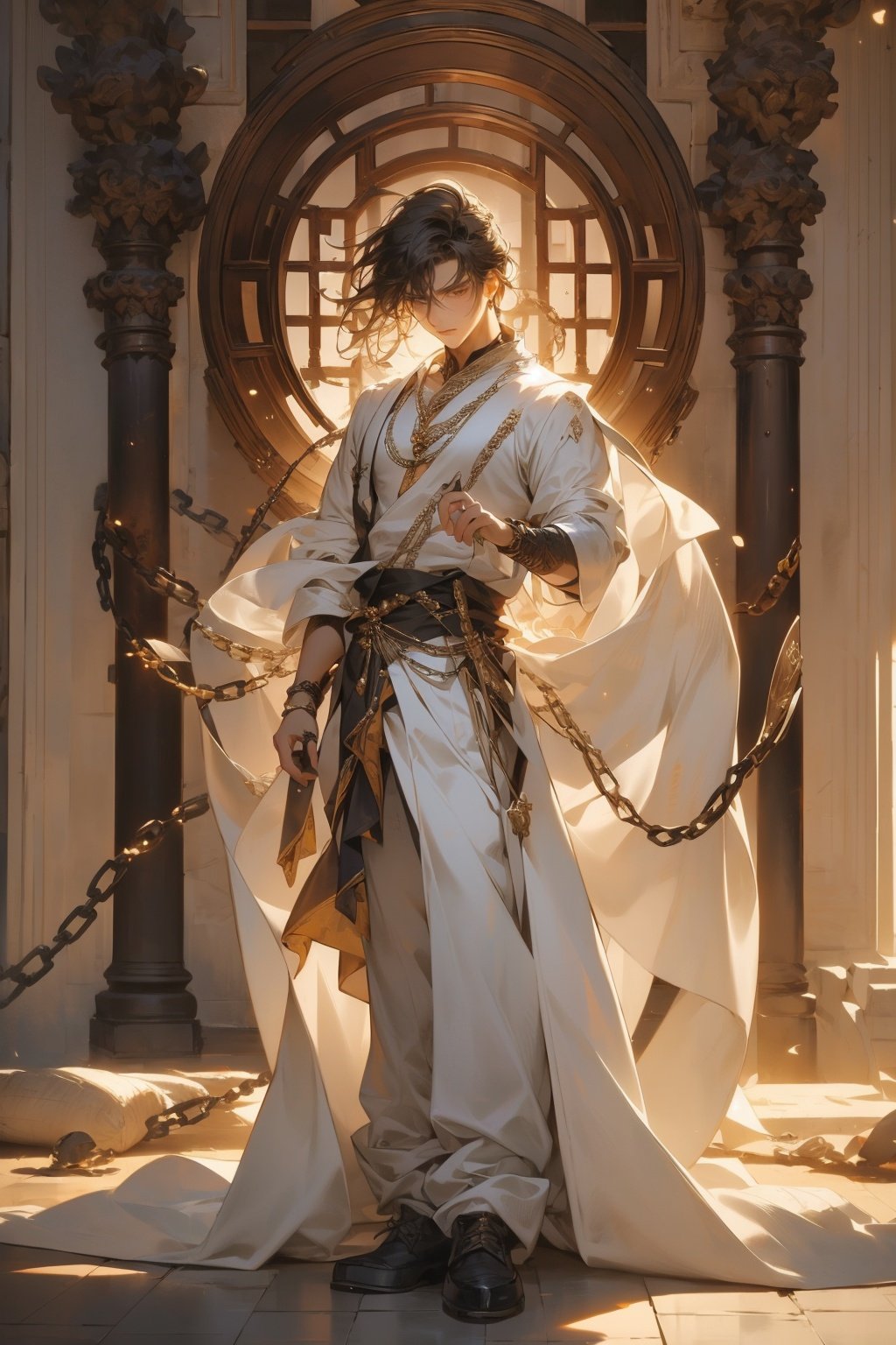 Western beauty, full of three-dimensional sense, close-up, brown eyes, authentic, graceful dance movements, loose white clothes, iron chains, floating chains, surrounded by iron chains, artist Sargent's colors, POV perspective, extremely elegant silk,Fashion Style,Daofa Rune