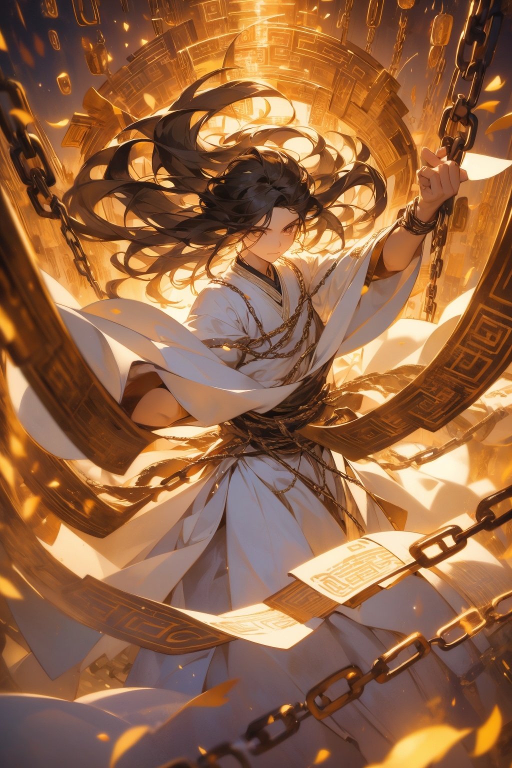 1 girl, messy hair, close-up, brown eyes, authentic, graceful dancing movements, loose white clothes, iron chains, floating chains, surrounded by iron chains, surrounded by golden runes, Daofa Rune,Flowing scroll,artist Sargent's colors, POV perspective, ultimate, elegant silk,Fashion Style,Random actions